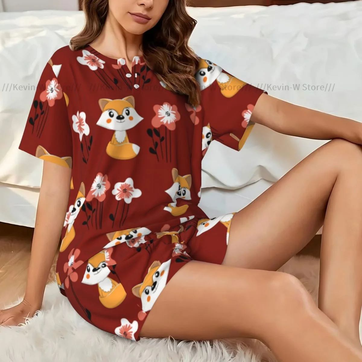 

Женская пижама из двух предметов, футболка с круглым вырезом и короткими рукавами, повседневный домашний пижамный комплект с милой лисой и забавными лесными животными