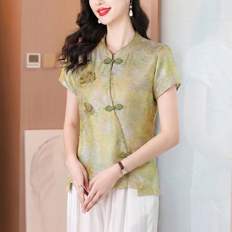 

Loose Women's T-shirt Lazy Style Large Size Summer New Chinese National Style Embroidered Base Shirt Floral Print Short Sleeve