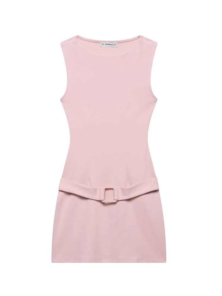 

SIYANG Women Fashion With Belt Solid Pullover Mini Dress Vintage O-Neck Sleeveless Female Chic Lady Dresses