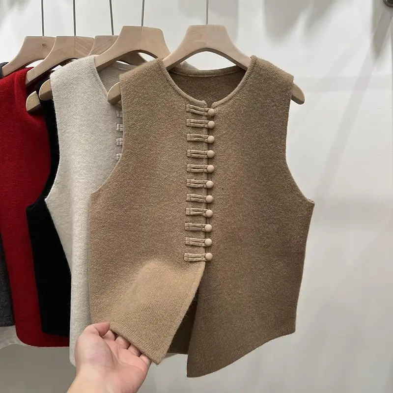 Women Chinese Style Vintage Minimalist Button Sweater Vest Autumn Winter Female Elegant Chic Sleeveless Loose Knitted Waistcoat