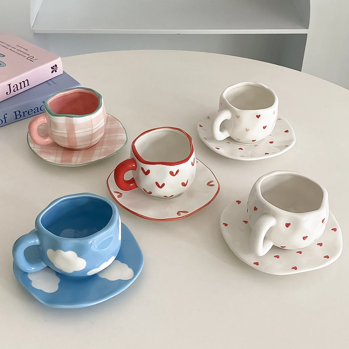 1Pc 280ml Original Design Nordic Style Hand-Painted Ceramic Coffee Cup and Saucer, Multi-Color Plaid, Heart, Blue Sky and White Clouds, Floral Mug, Suitable for Afternoon Tea, Milk Cup and Saucer, Latte Cup, Dessert Plate, Cup and Saucer Set, Great Gift Item view 4