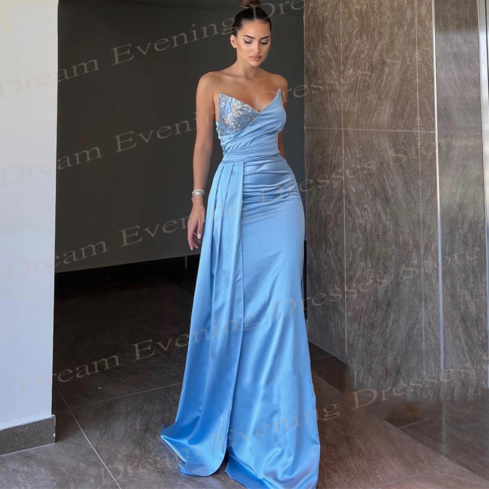 

2024 Graceful Popular Blue Women's Mermaid Simple Evening Dresses Sexy Strapless Sleeveless Prom Gowns Pleated Vestido De Festa