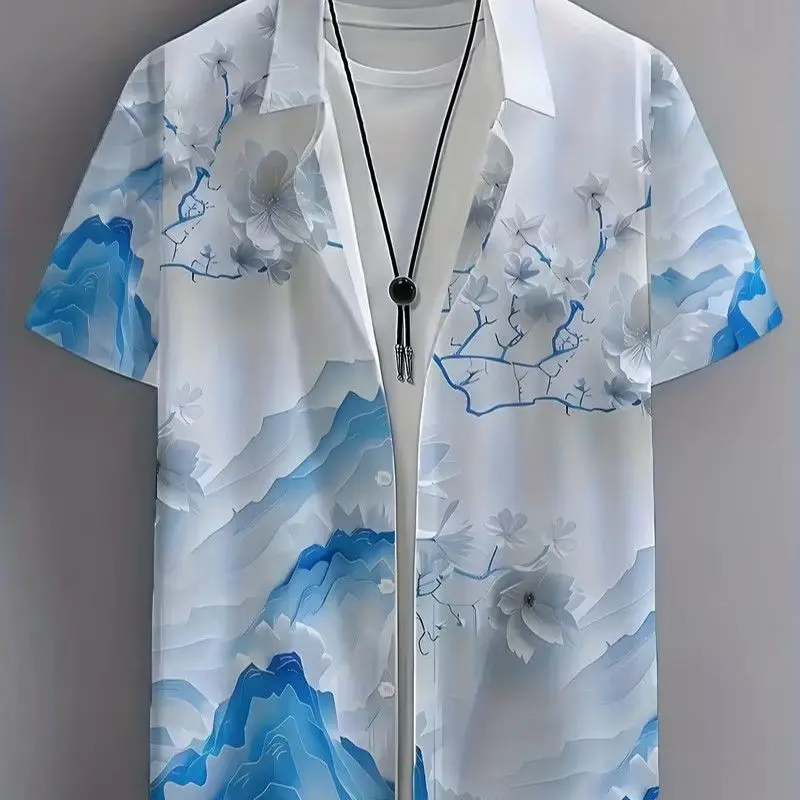 Camisa Hawaiana Chic con Estampado de Montaña y Flores de Cerezo |   Camisa de Manga Corta Azul y Blanca con Botones |   Camisa Aloha para Parejas, Vacaciones en la Playa