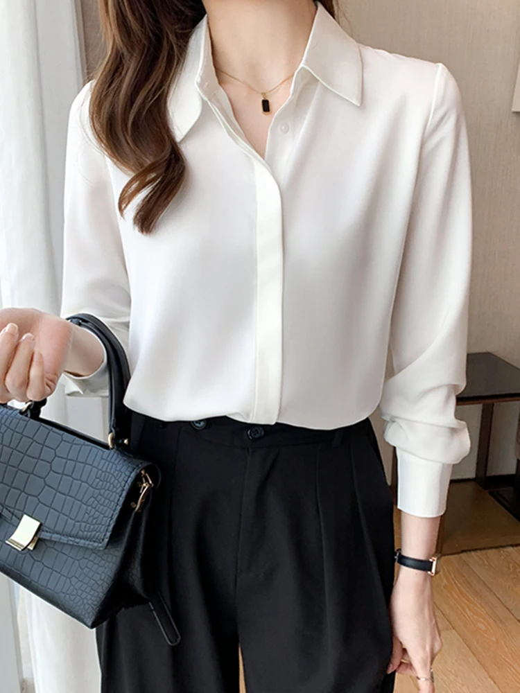 

Ele White Long Sve irt Women's Spring Faion Loose Top Ladies Casual irt Button up Ne Regular Length