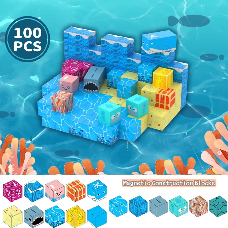 Underwater World Magnetic Building Blocks Sensory Stacking Toy for Kids Birthday Gift Stacking Block Cube with Magnetic building