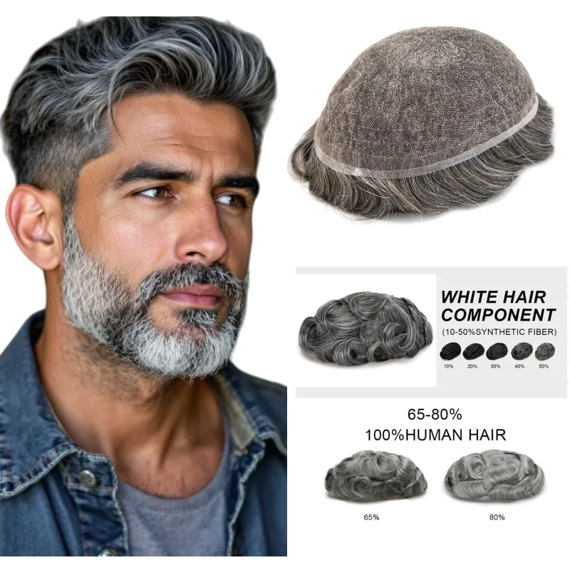 

Мужской парик из натуральных волос на кружевной основе 8x10 дюймов с седым кружевом и полиуретаном для цветов самолета 1B90 # 4 диска