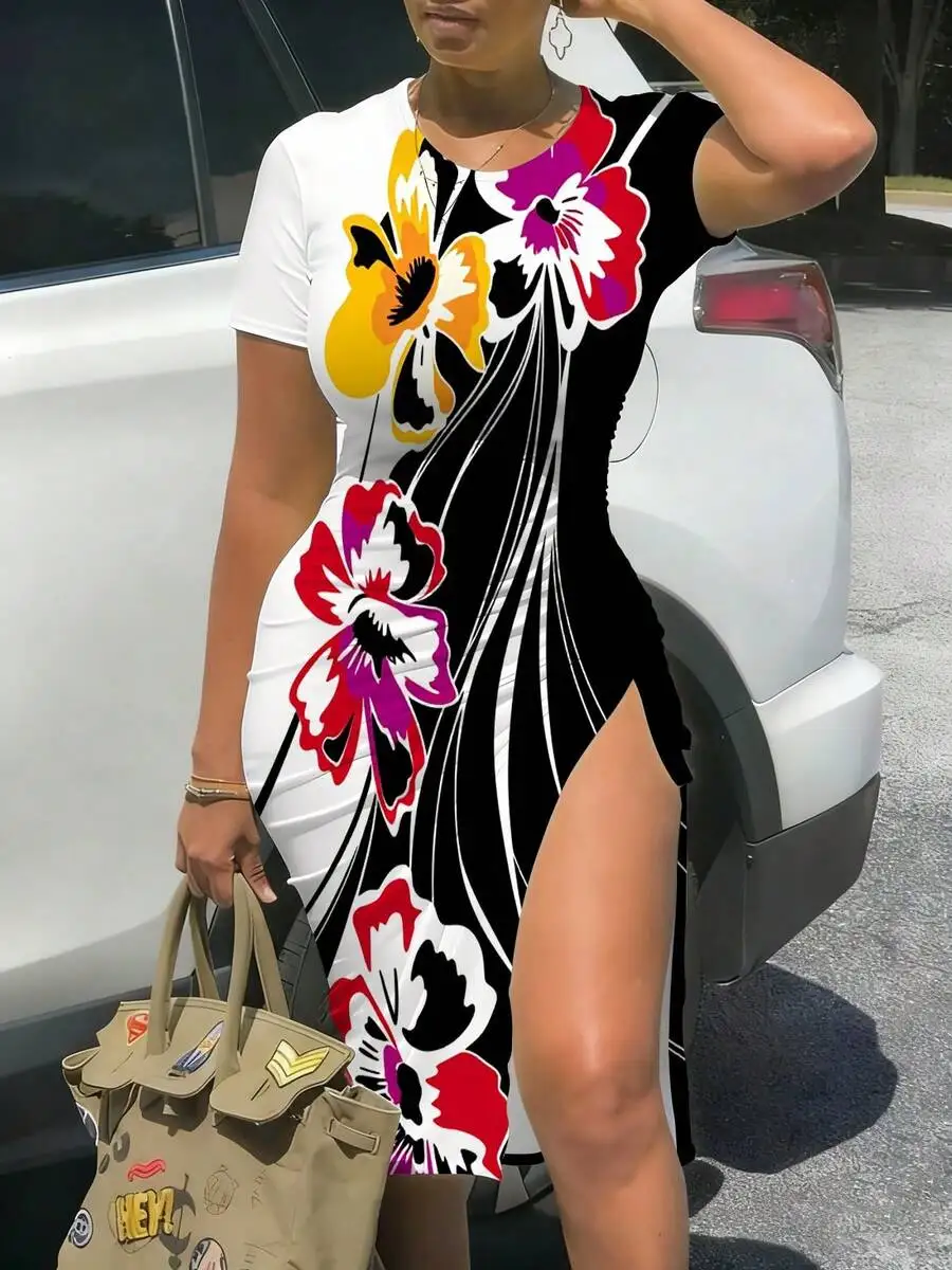 

Women Short Sleeve Fitted Midi Dress With Slit Floral Print Bold Colors Stripes