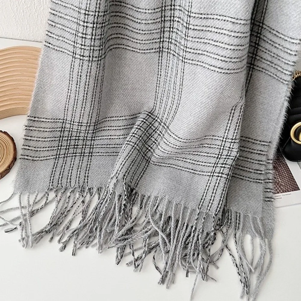 New Faux Cashmere Plaid Scarf Fringe Trim Plaid Pattern Winter Scarf Soft and Warm Korean Style Neck Wrap Shawl Daily Commute