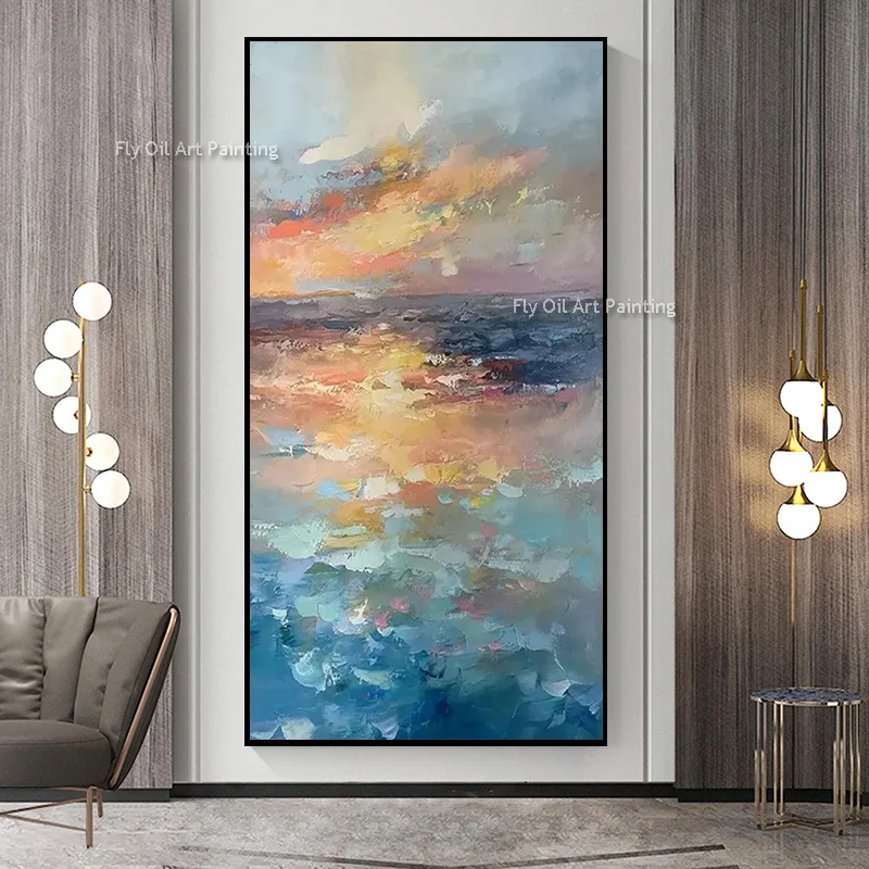 Original Sea Sunrise Artwork Handmade Abstract Coastal Canvas Painting Vertical Wall Hanging For Home Hallway Interior Decor
