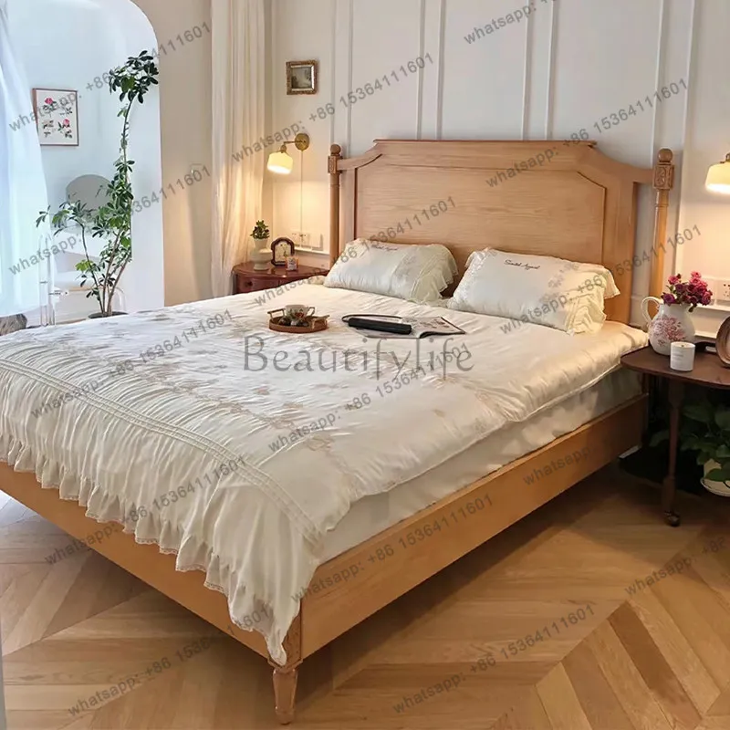 French retro solid wood log wind bedroom double bed household oak bed