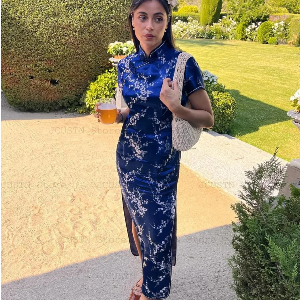Navy Blue Flower Jacquard Cheongsam Long Vestidos Women Sexy Split Qipao Chinese Traditional Dresses Casual Streetwear Dress