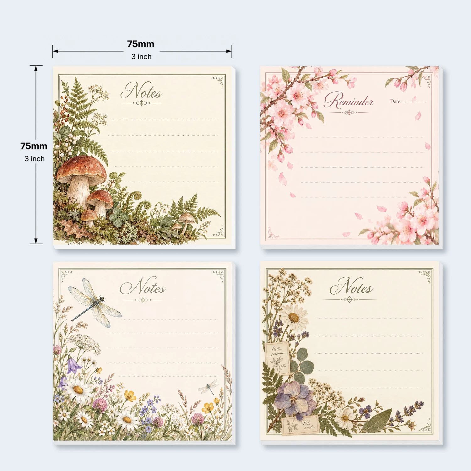 4PCS Floral Sticky Notes 200 Sheets Mushroom Cherry Blossom Wildflower Botanical Memo Pads Reminder Office School Stationery