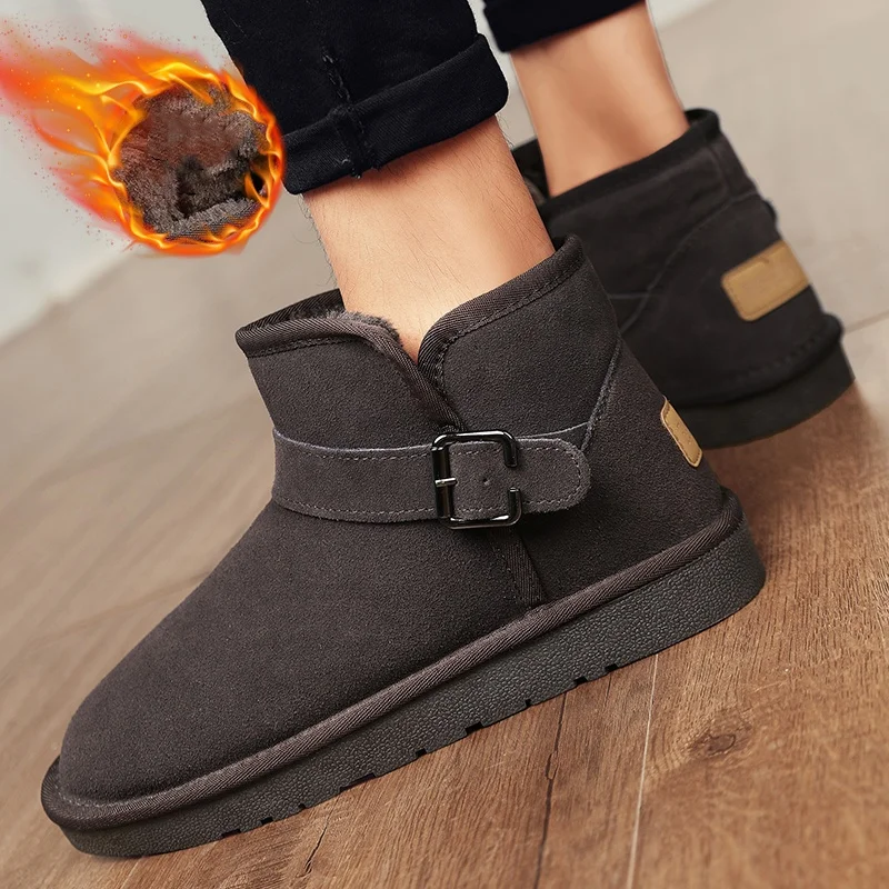 Men's Short Buckle Snow Boots with Thick Plush Lining for Autumn and Winter, Cold-Proof and Non-Slip Casual Large Size Cotton Boots