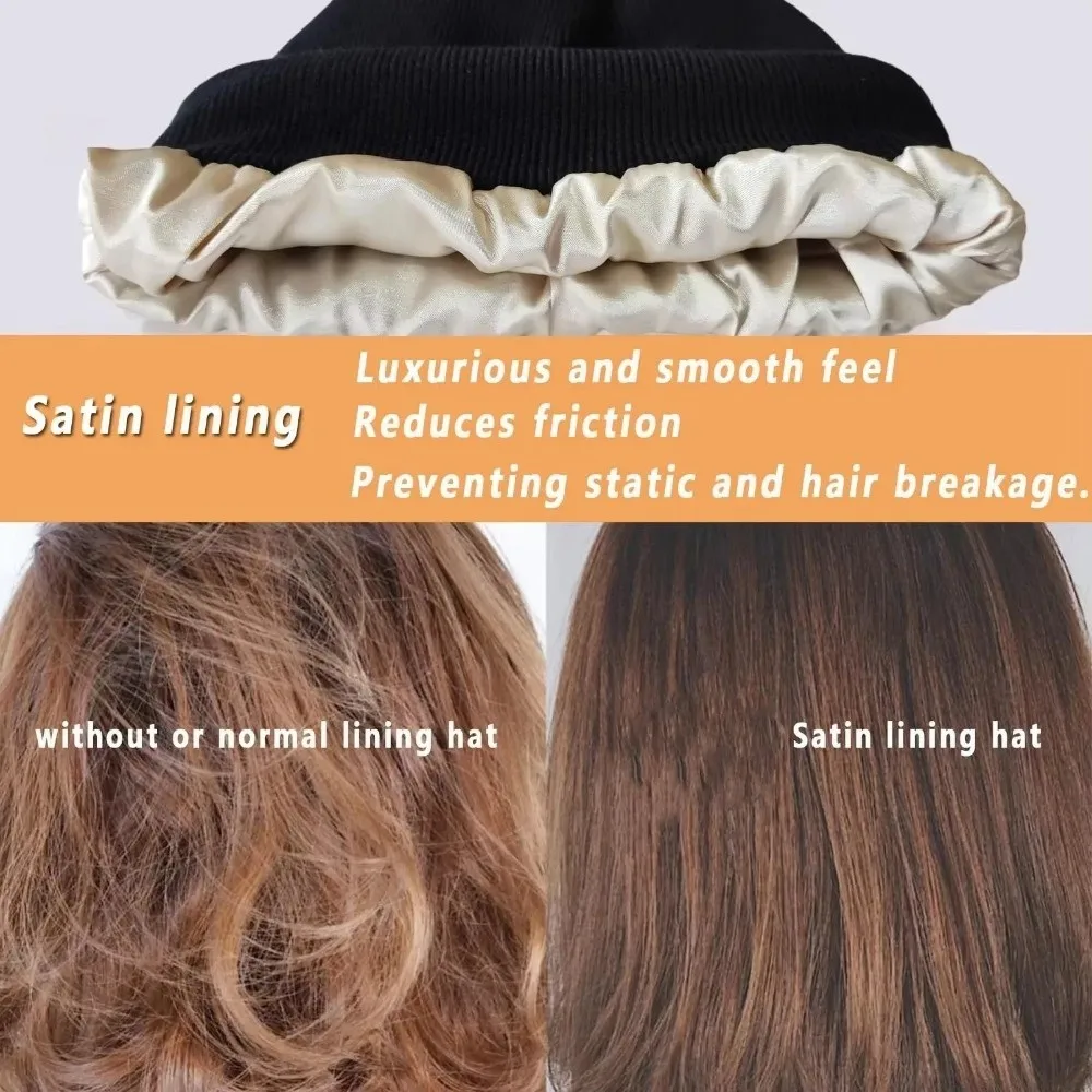 New Satin Satin Lined Beanie Cap Anti-Static Knit Construction Winter Hat Double Layer Hair Cover For Sleeping