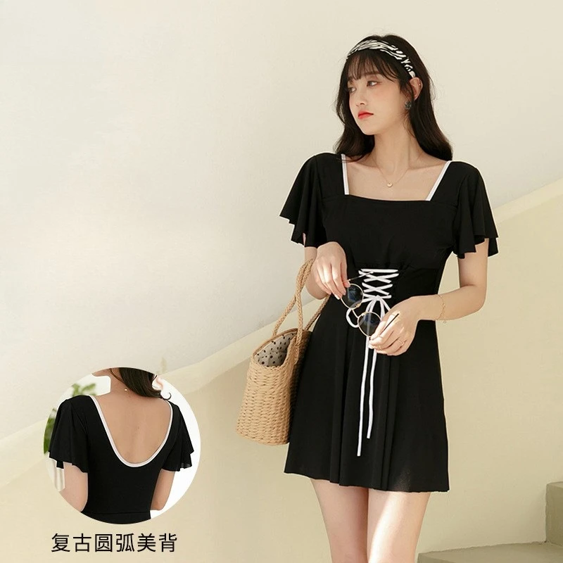 Korean Elegant One-piece Swimsuit Short-sleeved Backless Swimwear Beach Dress with Built-in Bra and Shorts Women's Bathing Suit