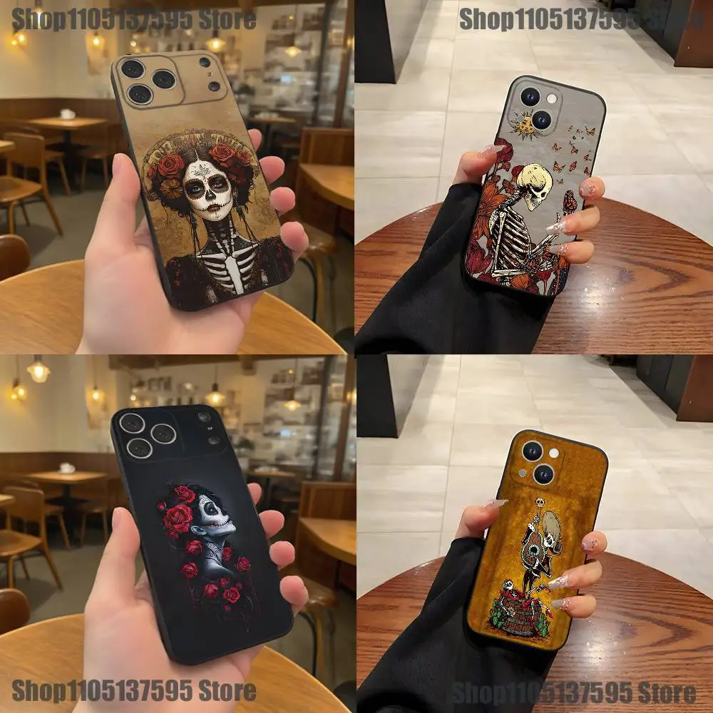 

Day of the Dead Mexican Catrina Skull Phone Case For iPhone 17,16,15,14,13,12,11,Pro,XS,Max,XR,Plus,E,SE4,Mini Black Soft Cover