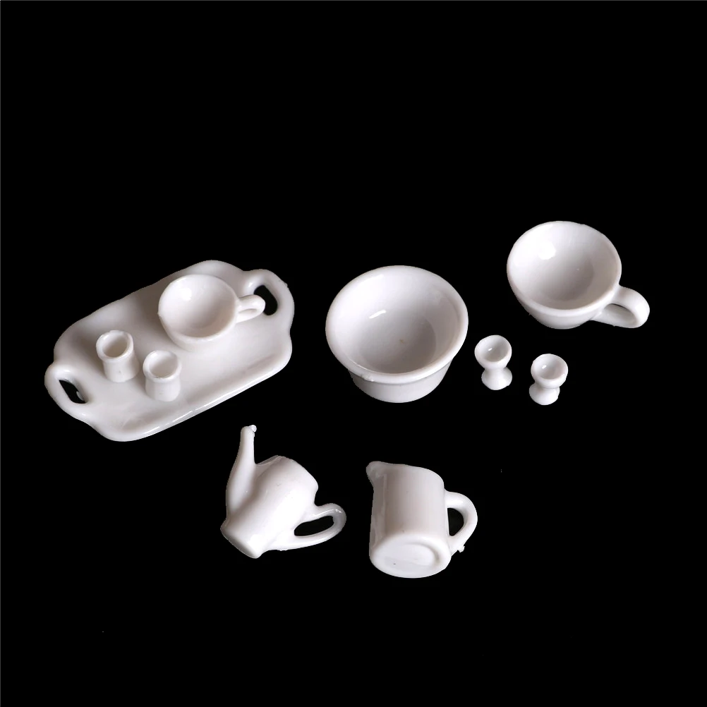 10Pcs Dollhouse Miniature Ware Tea Set Model Mini Dining Ware Tea Set Dish Cup Plate Doll House Decor Accessories-Toy