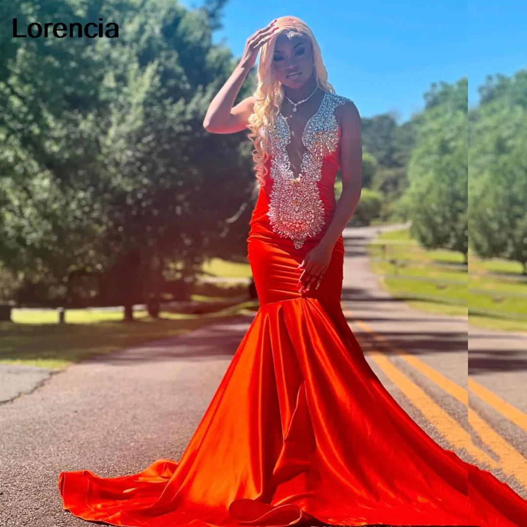 Lorencia Orange Sequined Mermaid Prom Dress For Black Girl Silver Applique Crystal Beaded Evening Special Occasion Gowns YPD137