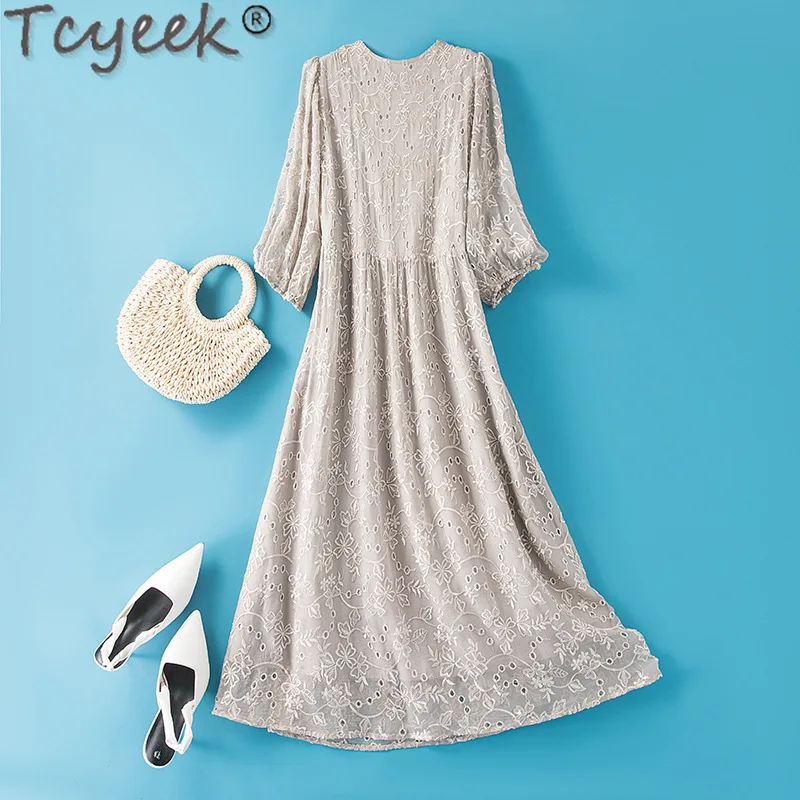 Tcyeek 100% Real Mulberry Silk Dress Women Clothing Vintage Dress 2024 Chic and Elegant Woman Dress Embroidery Vestidos De Mujer