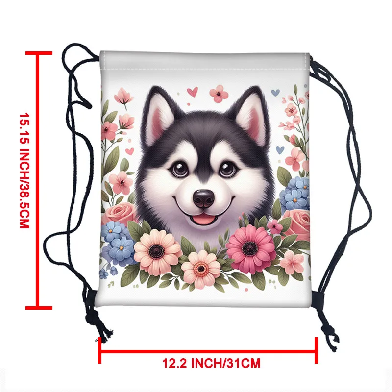 Flowers Husky Dog Backpacks Floral Schnauzer Maltese Corgi Puppy Drawstring Bags Children Book Bag Shoes Holder School Backpack