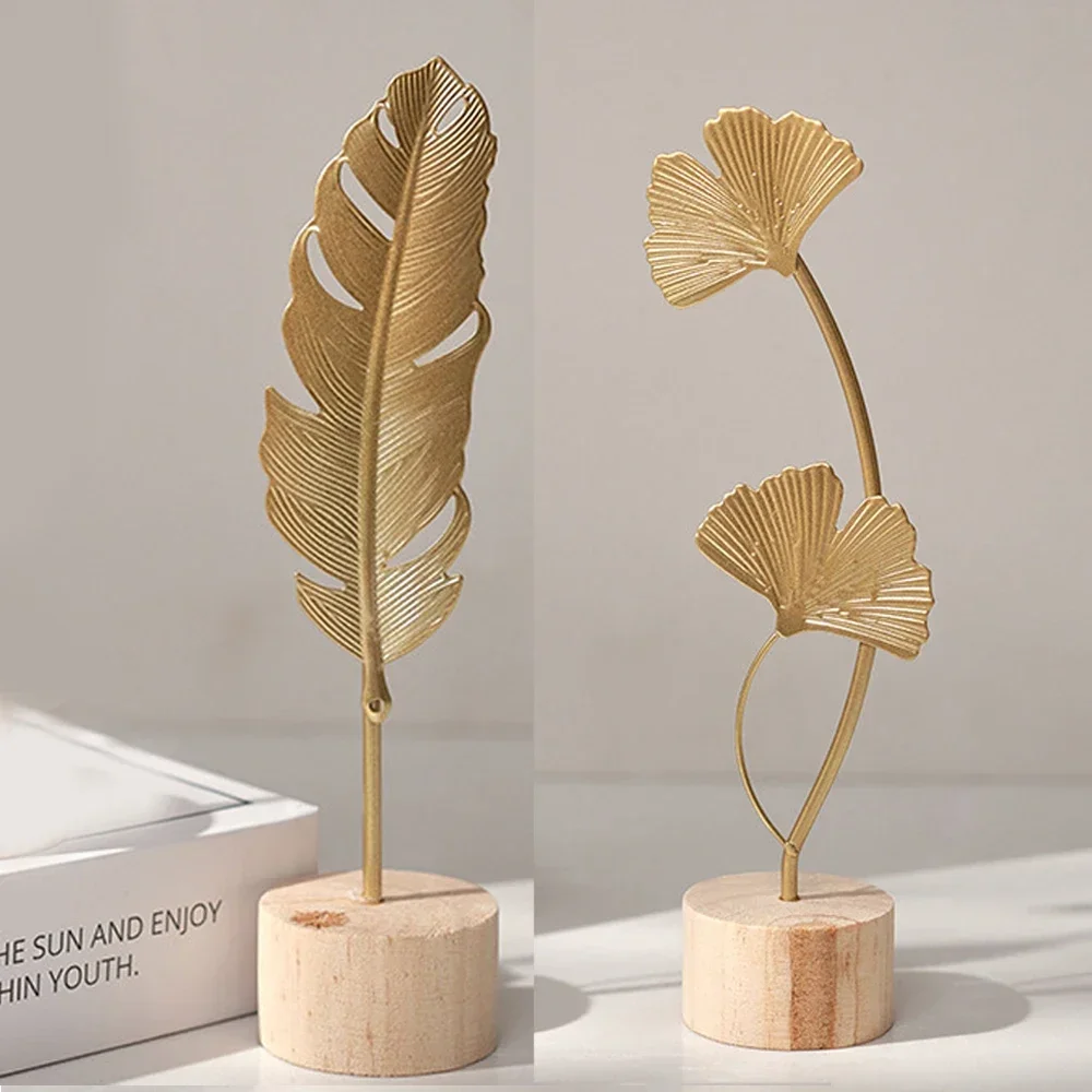 Golden Ginkgo Leaf Feather Metal Model Figurines Manual Desktop Crafts Ornaments Photo Props Statues Sculptures Home Decor