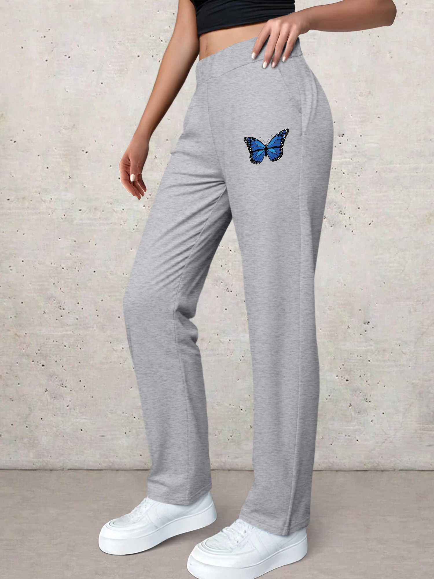 

Women's High Waist Wide Leg Pants Blue Butterfly Print Elastic Waist Casual Trousers Y2K Loose Streetwear