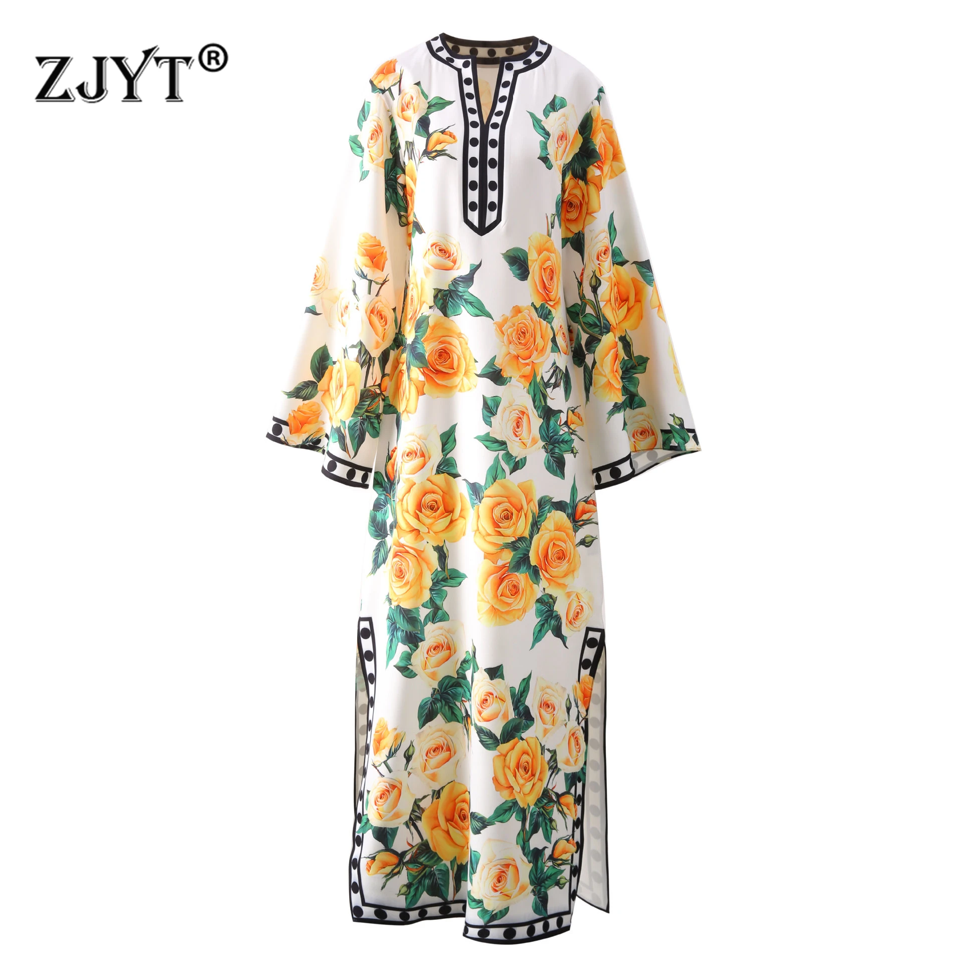 

ZJYT Runway 2024 Summer Floral Print Loose Long Dress Women Full Sleeve Bohemian Vacation Dresses Fashion Casual Vestidos Female