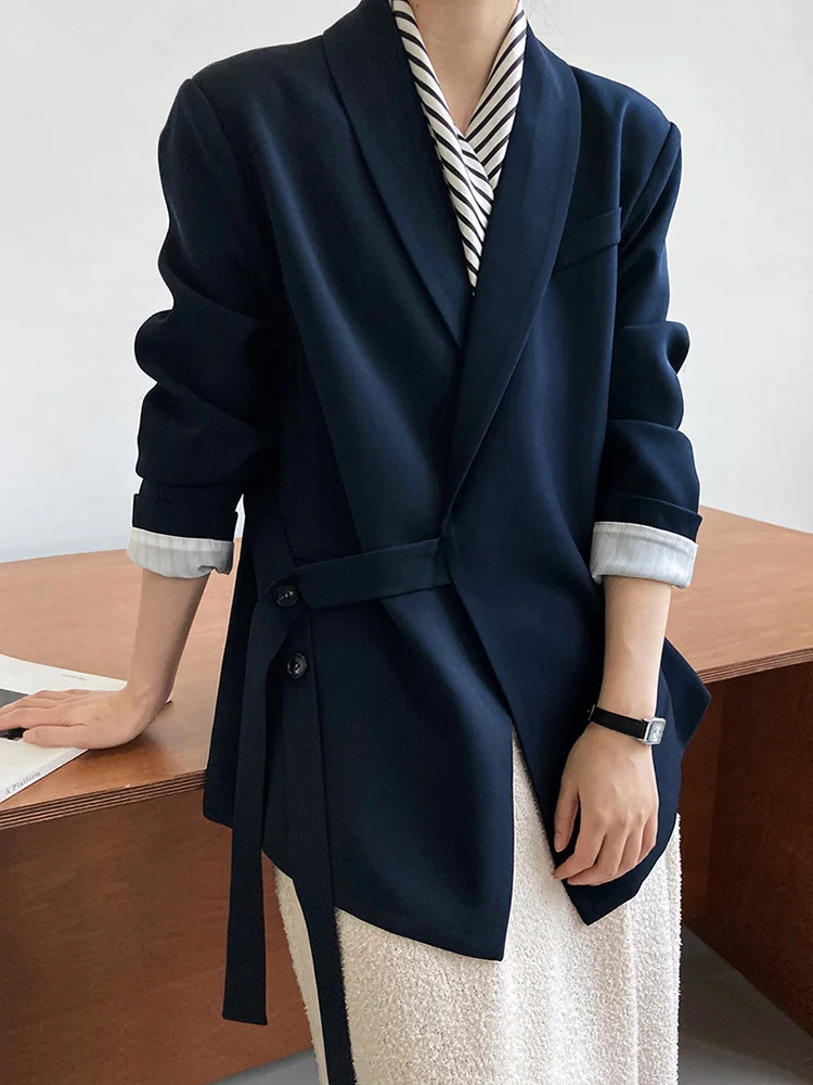 [EAM] Women Apricot Irregular Belted Big Size Blazer New Lapel Long Sleeve Loose Fit Jacket Fashion Spring Autumn 2024 1DF5081