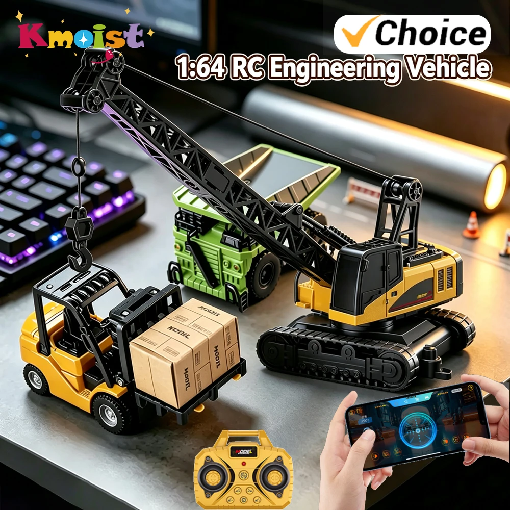 1/64 RC Truck 2.4G Remote Control Engineering Vehicle 10CH Mini Car Alloy Crane Dump Forklift Toys for Boys Kids Birthday Gifts