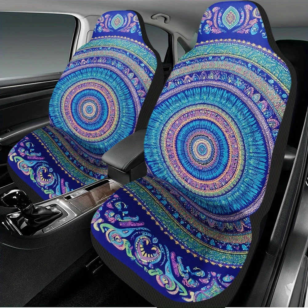 Set Of 2 Detailed Round Pattern Car Seat Covers – Universal Front Seat Shields For Vehicles, Suvs & Sedans, Improve Comfort, Stu
