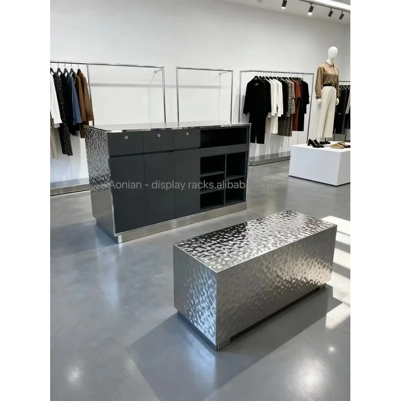 custom.Customized Silver Stainless Steel Checkout Counter Reception Counter Companies Garment Shop Clothing Stores Hotels