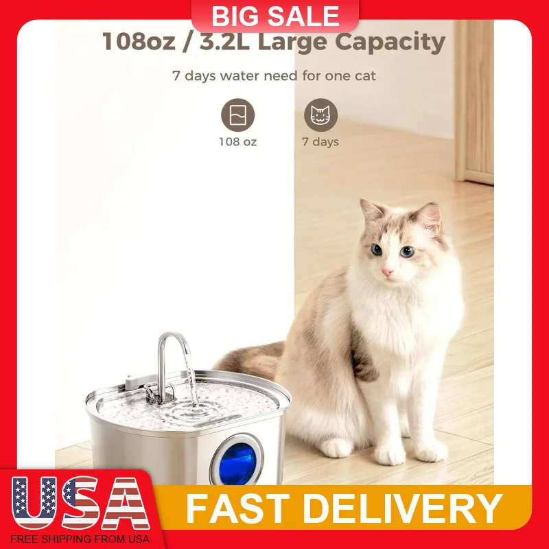 

Stainless Steel Cat Water Fountain 3.2L with Water Level Window Quadruple Filtration Ultra Quiet 28dB Pump Easy Clean for Cats