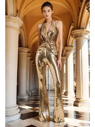 Sexy Women Sleeveless Gold V Neck Backless Sequins Jumpsuit Sequined High Waist Wide Leg Pants Bodycon Celebrity Party Rompers