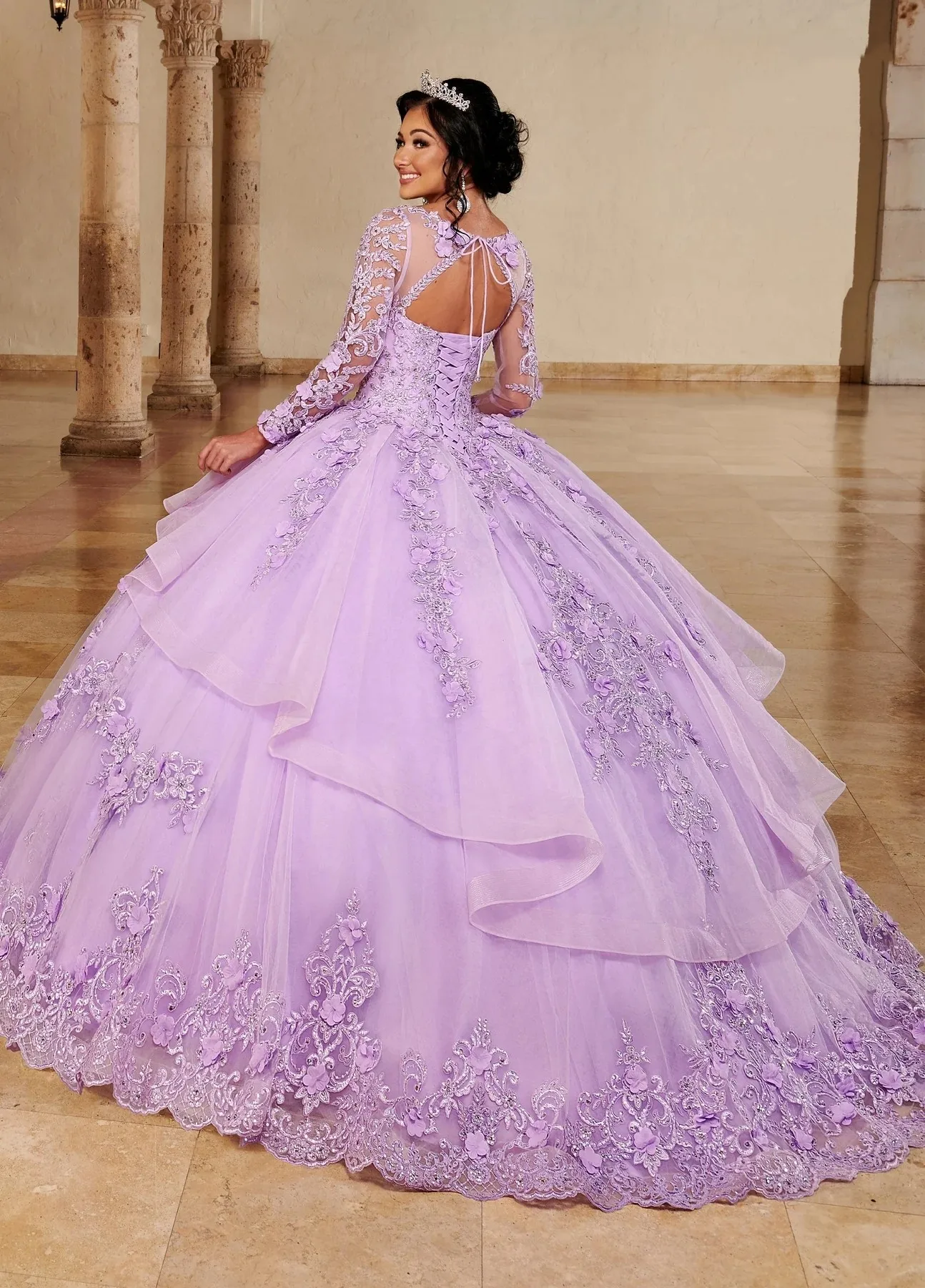 Lilac Charro Quinceanera Dresses Ball Gown Long Sleeves Tulle Appliques Puffy Mexican Sweet 16 Dresses 15 Anos