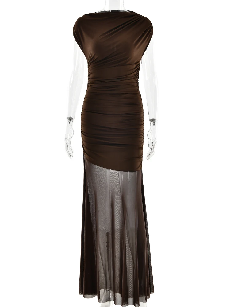 Sibybo Sheer Mesh Patchwork Elegante Vrouwen Maxi Jurk Sexy O Hals Mouwloos Gedrapeerde Ruches Slanke Bodycon Partywear Vrouwelijke Vestido
