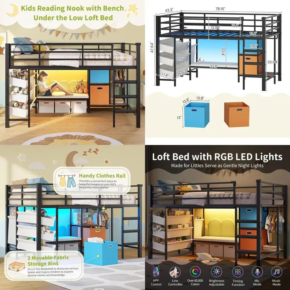 

Двуспальная металлическая кровать с местом для хранения, зоной для чтения, светодиодной подсветкой, защитным ограждением и лестницей, черная