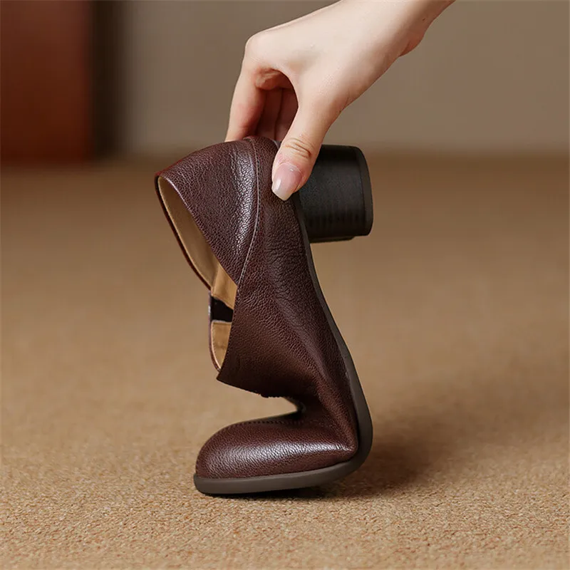 New Autumn Genuine Leather Women Shoes Fashion Round Toe Casual Shoes for Women Chunky Heel Shoes Women Pumps Zapatos De Mujer