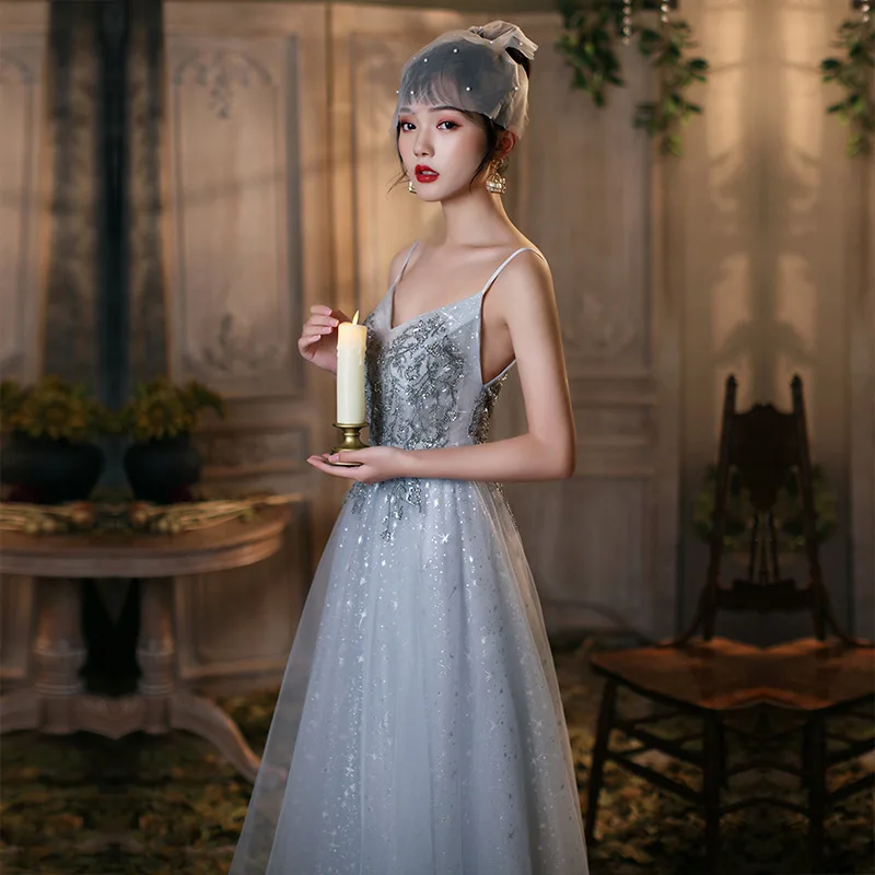 

French Style Banquet Evening Dress Female Grey Appliques Sequins Long Bridesmaid Dress 2023 New Birthday Party Women Gowns