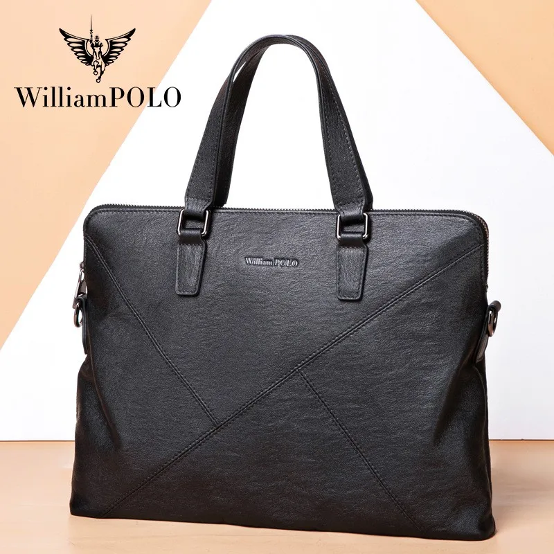 WILLIAMPOLO-Bolso de piel de vaca para hombre, maletín informal de negocios, color negro