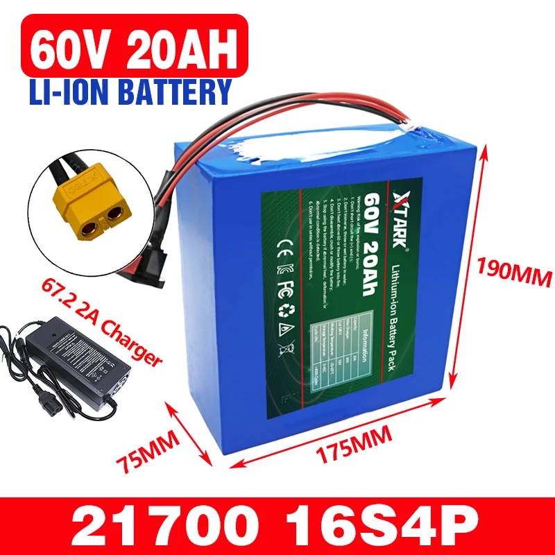 

60V 20A Electric Bike 21700 Battery For Scooter Motorcycle 67.2V 16S4P 3000W XT90 Rechargeable Battery With Same Port BMS+Charge