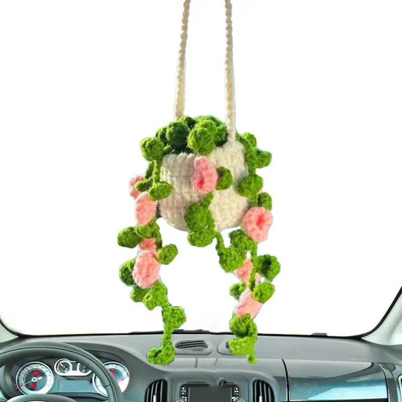 Car Dashboard Plant Decor Rear View Mirror Car Decorations Crochet Rear View Mirror And Dashboard Ornaments Long-Lasting Charm