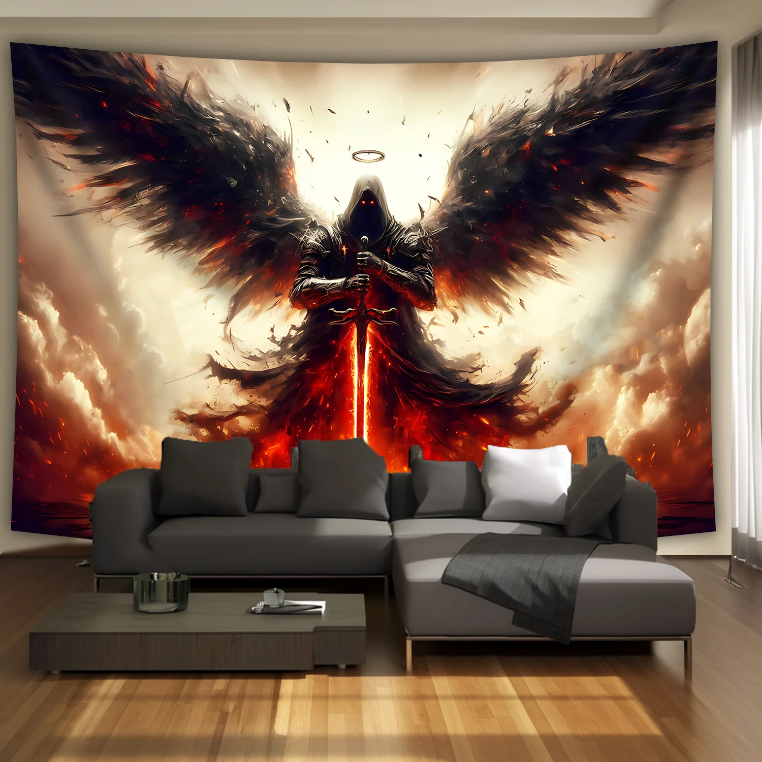 Cinematic Dark Fantasy Angel Wings Fire Tapestry Wall Hanging Room Decor Man Cave Art Poster Print Epic Gothic Decor