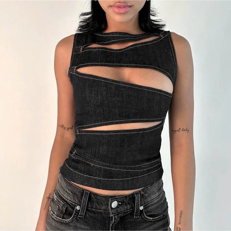 

Women Denim Vest Y2K Vintage Sexy Hollow Out Sleeveless Round Neck Slim Vest Top High Street 2025 Female Denim Vest