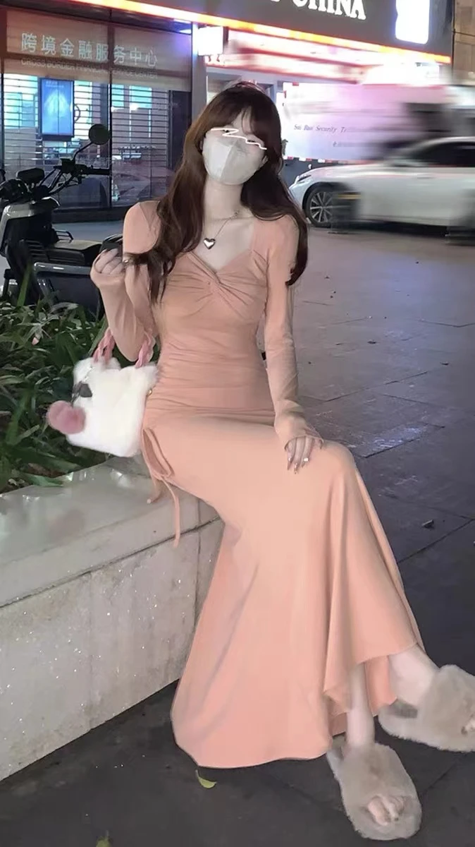 Abiti Abito da donna a maniche lunghe Quinceanera Verde Primavera Cupro Avorio Collo quadrato Smocking a strati Minimalista Ditsy Sensual Chic