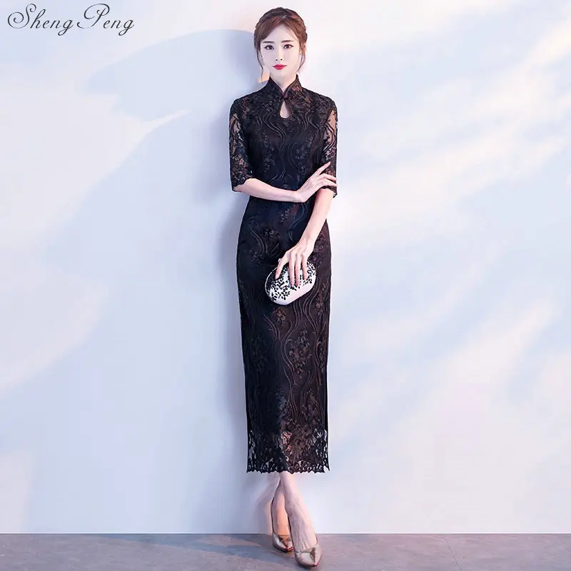 

Fashion black Cheongsam Elegant Dress Women Lace Qipao Dresses China Traditional Chinese Wedding Qi Pao Oriental Collars V2950