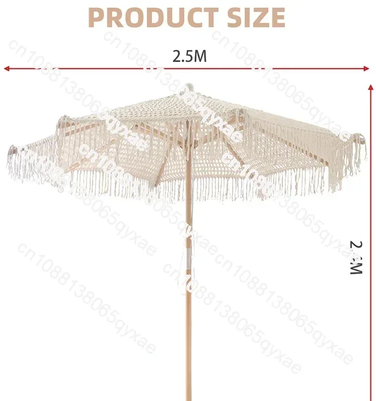 Bohemia Cotton Rope Parasols 2.5M Wooden Pole Handmade Tassels Woven Canopy Beach Umbrella With Macrame Fringe