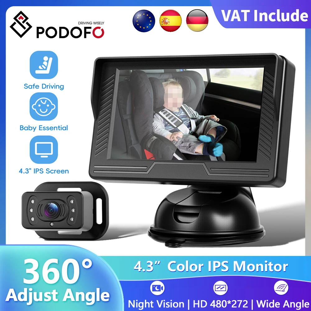 Podofo Moniteur de vue arrière 4,3 pouces Écran IPS Miroir de voiture pour bébé 360 °   Angle de vue large réglable pour nourrissons, enfants, animaux domestiques, Vision nocturne