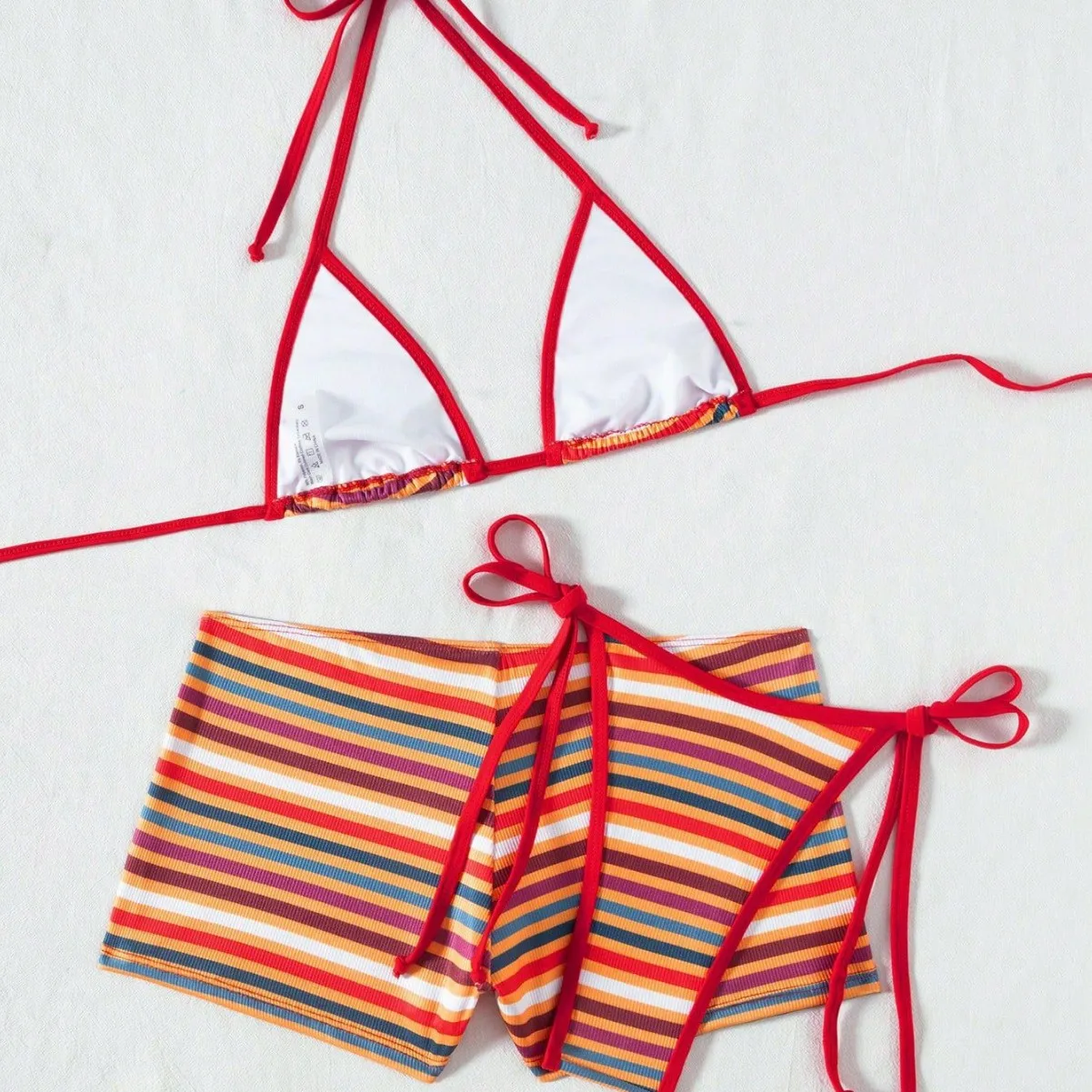 3-piece Striped Bikini Set with Cover Up High Waist Flat Angle Shorts Swimsuit Triangle Swimwear Women Bathwear Bandage Biquine