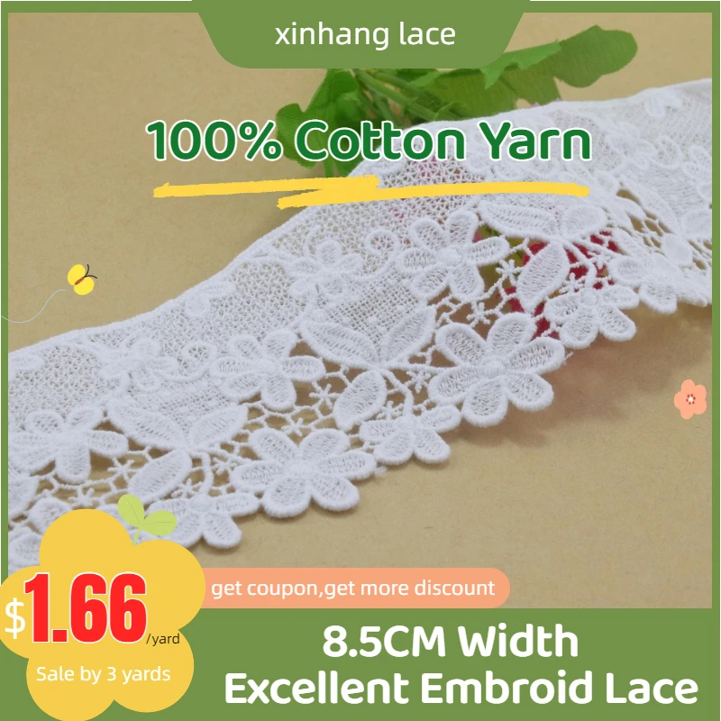 

3yards 8.5cm white 100% cotton embroidery lace french lace ribbon fabric guipure diy trims wedding lace sewing Accessories#4064