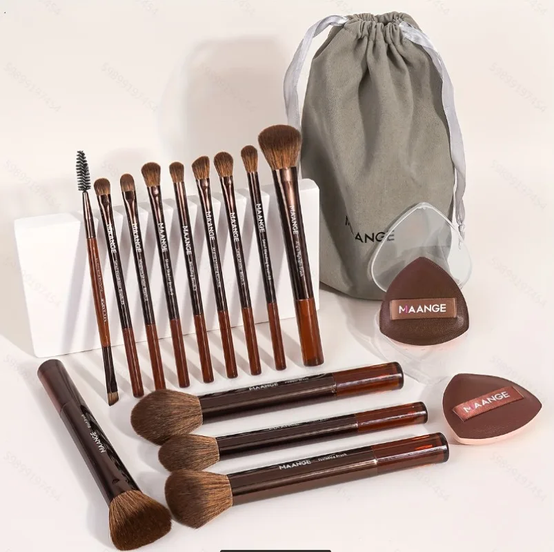 15개 프리미엄 합성모 메이크업 브러쉬, 파운데이션, 아이섀도우, 파우더용 부드럽고 순한 브러쉬, 2개 에어쿠션 퍼프 키트 포함